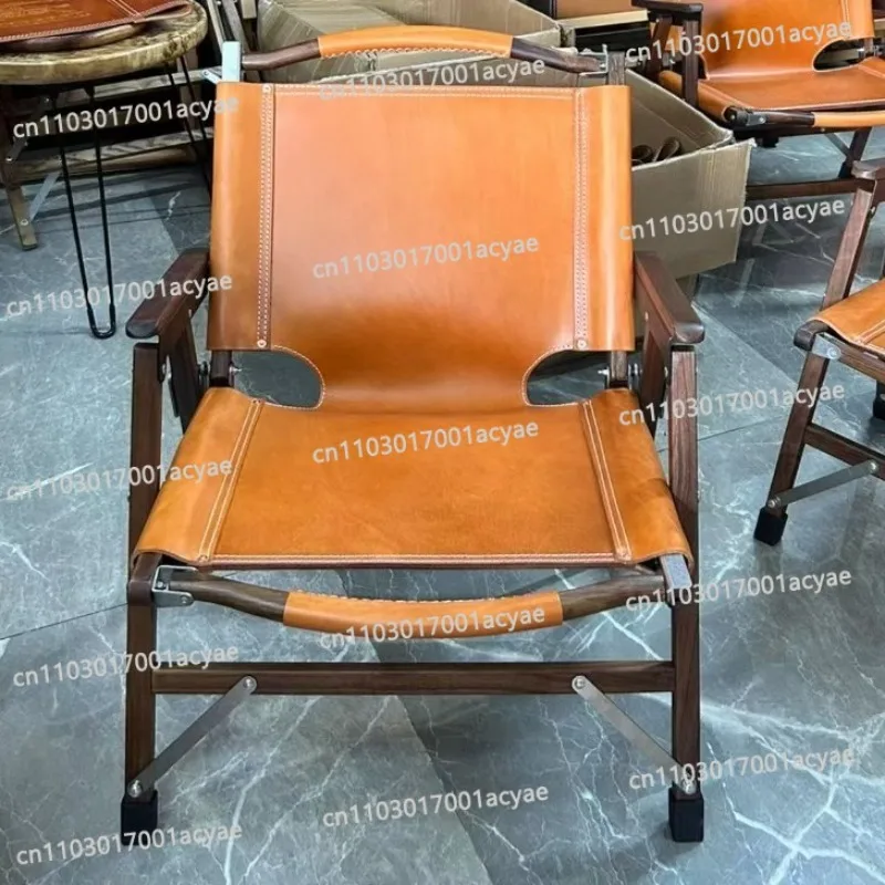 Portable Solid Wood Folding Chair – Walnut & Ash Frame with Saddle Leather, Outdoor Leisure & Travel Seat
