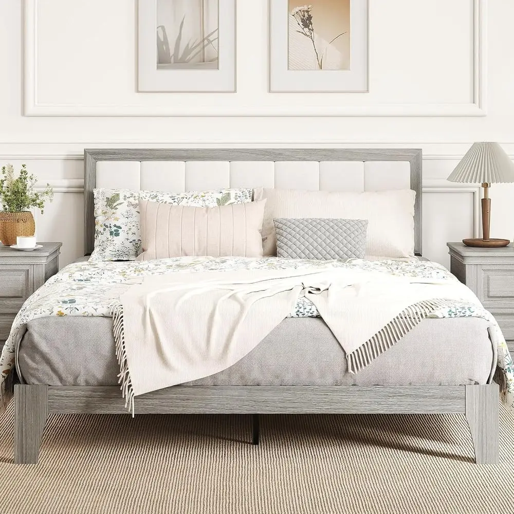 Gray Queen Size Upholstered Platform Bed with Wooden Slats, No Box Spring Needed, Easy Assembly