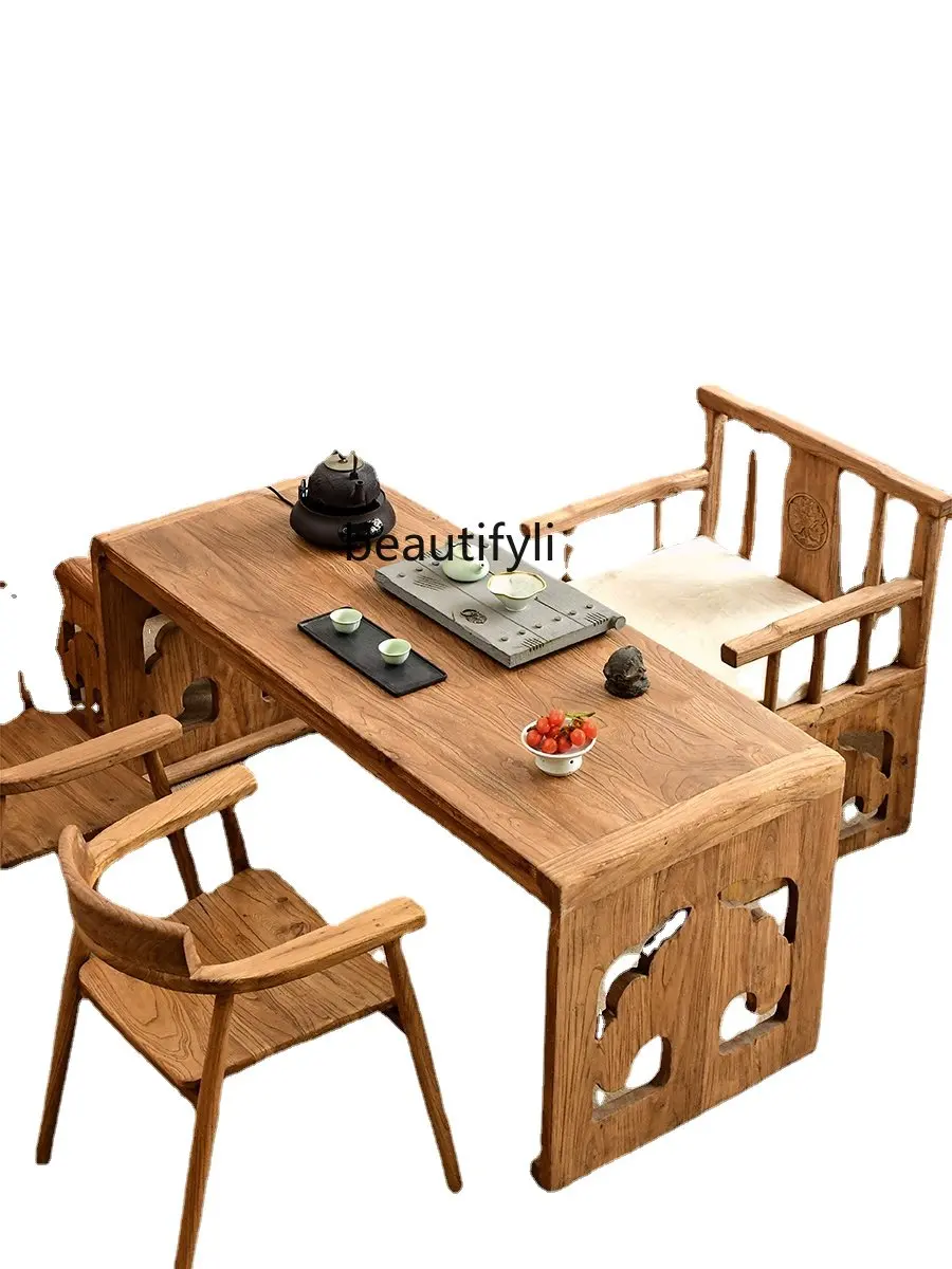 Old Elm Tea Table and Chair Combination Chinese Style Weathering Door Panel Table Table Tea Table Solid Wood Tea Table