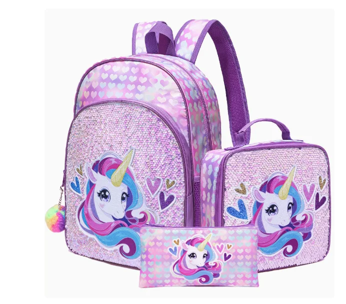 Mermaid Unicorn Sequined Three-Piece Backpack Set  Elementary School Backpack Double Shoulder Bag School bag for girls 3 pcs/set