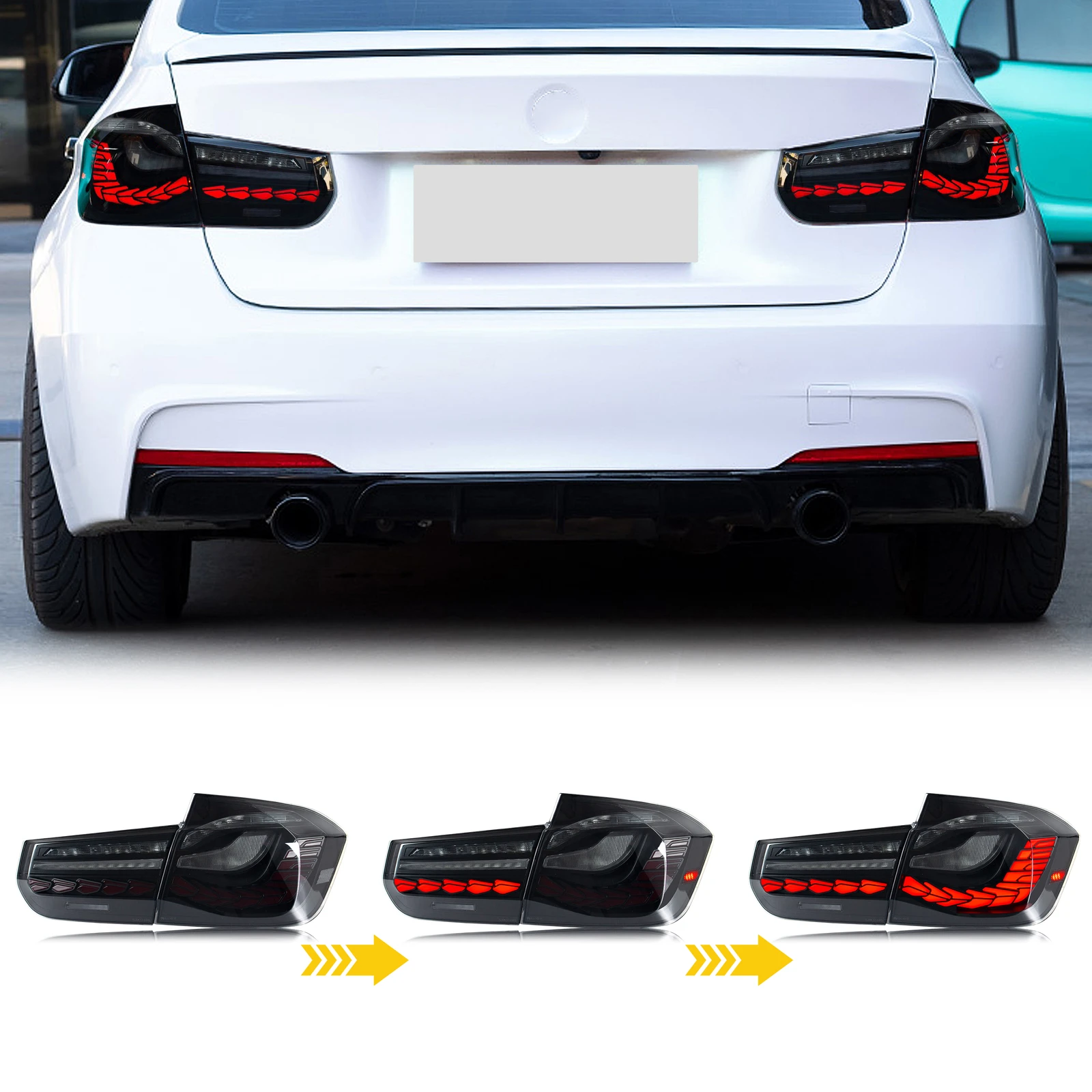 LED GTS Rückleuchten für BMW 3er F30 F80 M3 LCI Limousine 2012–2018, sequentielle Blinker-Rücklichter-Baugruppe [nicht passend für F31] – Detail 2