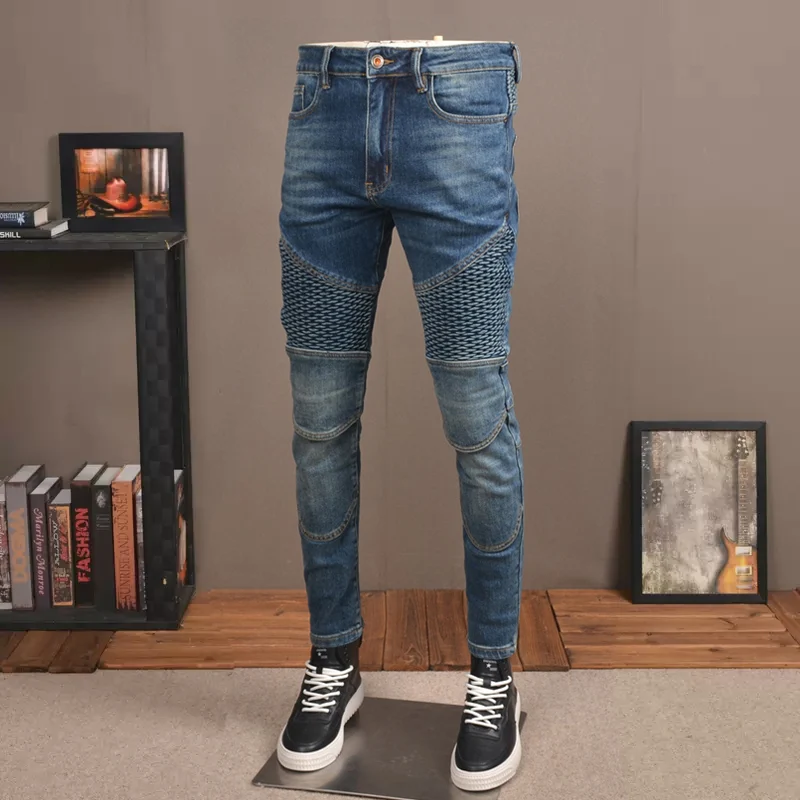 Streetwear Fashion Männer Jeans Retro Blau Elastische Stretch Slim Fit Verstärktes Biker Jeans Homme Patched Designer Hip Hop Hosen Hombre