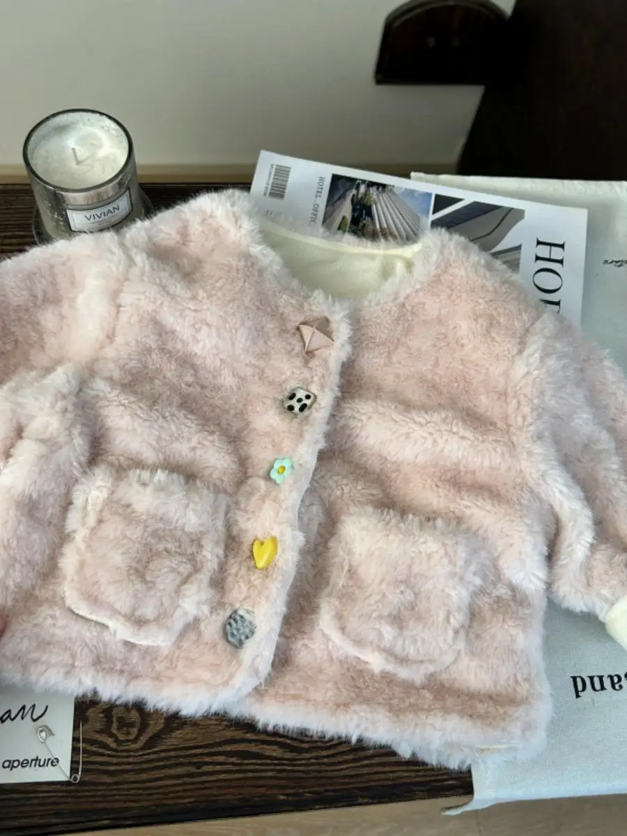 

Korean Sle Children's Winter Jaet 2025 New Faion Thiened ort Fur Coat for Girls Warm Casual Sle No Brand