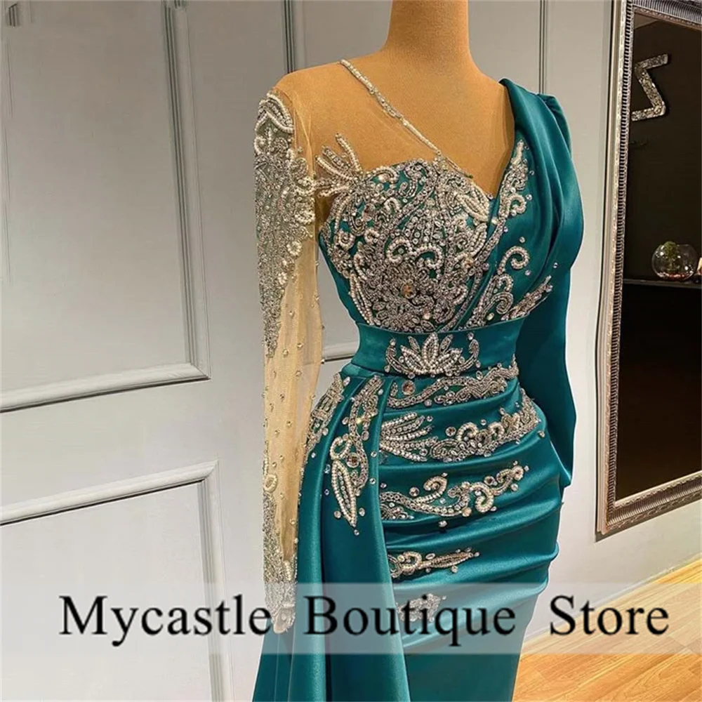 Luxury Saudi Arabia Long Sleeve Mermaid Evening Dresses Sparkly Crystals Satin Dubai Formal Party Gowns Porm Dress Customized image 2
