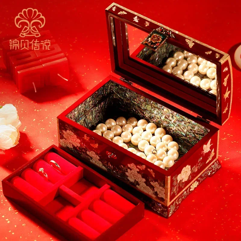 Jewelry Storage Box Figurine Exquisite Wedding Gift Bracelet Box Mother-of-Pearl Lacquerware Chinese Necklace Storage Box Crafts