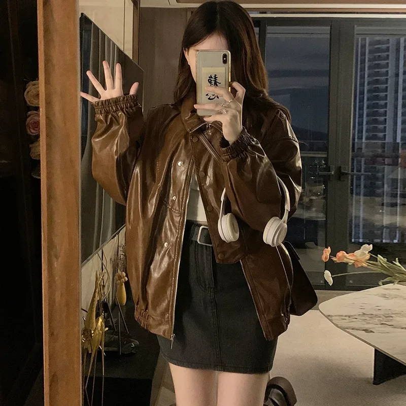 Retro Motorcycle Cool Leather Coat Women Lapel Solid Loose Fashion Casual Temperament Autumn Fashion Spicy Girl Female Jackets