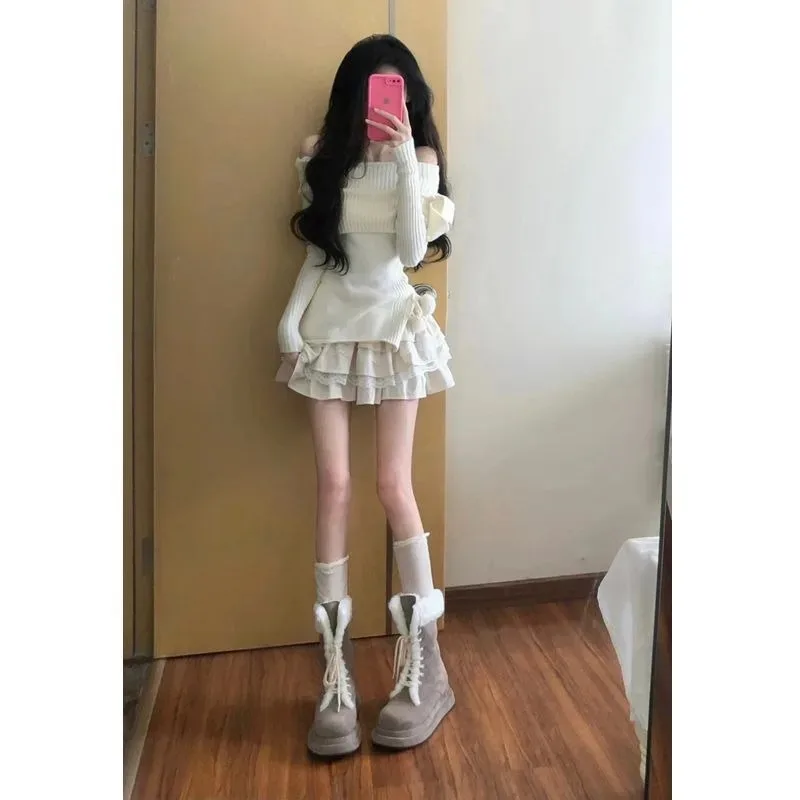 Spicy Girl One Shoulder Sweater Cake Skirt Two Piece Set Women Korean Fashion Sweet Knitwear Solid Slim Lace Up Temperament Suit