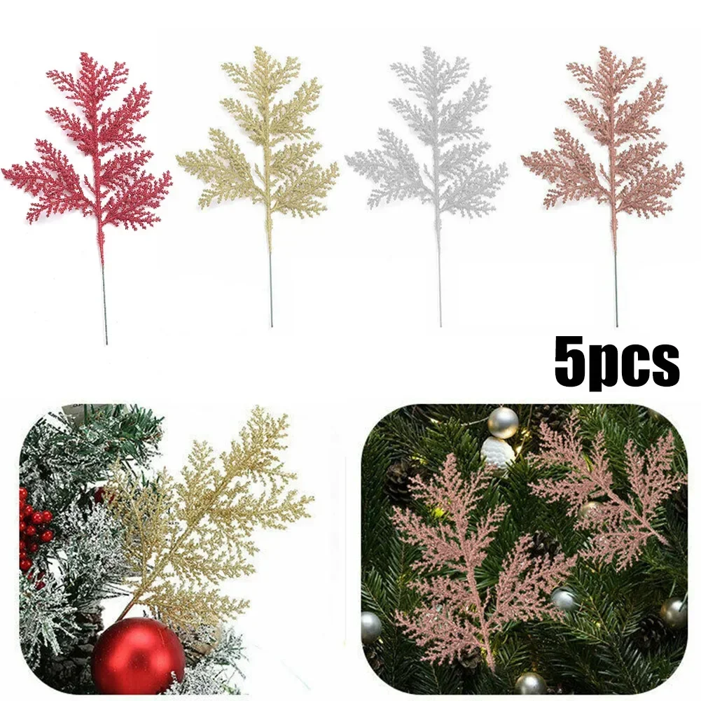 Christmas Tree Decor Simulated Plant Pine Branches Xmas Party Tree Decoration Accessory Artificial Garland Glitter Sparkle Leave