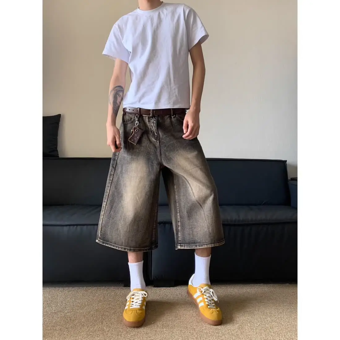 American retro cropped men wide leg jeans Y2k Gothic washed loose straight casual couple shorts sweatpants