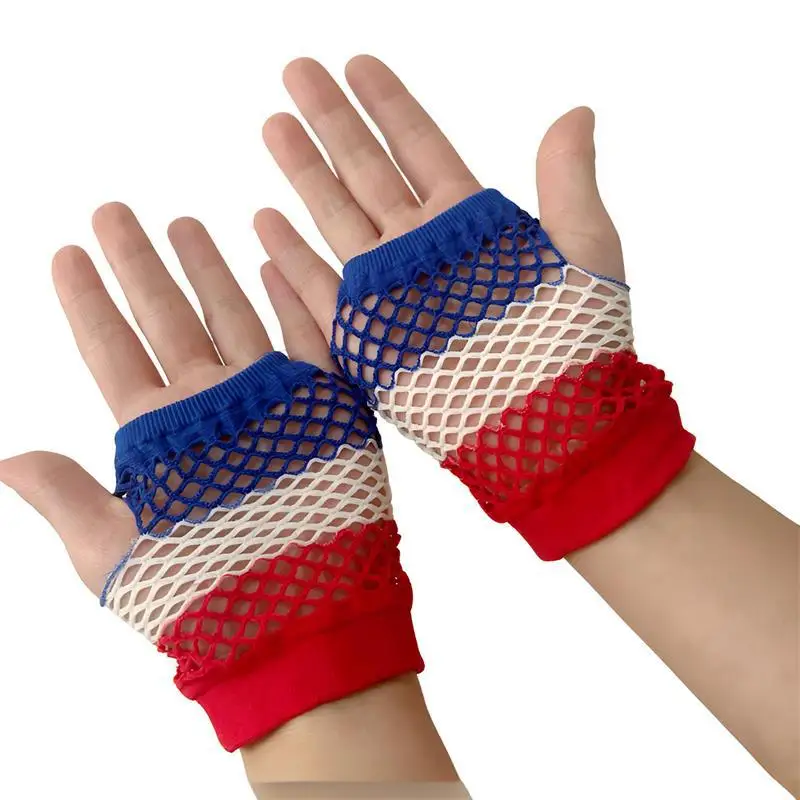 Gloves Short Mesh Party Elastic Red White Blue Patriotic Color Festive Holiday Costume Accessory Women Men Unisex Soft Stretchy