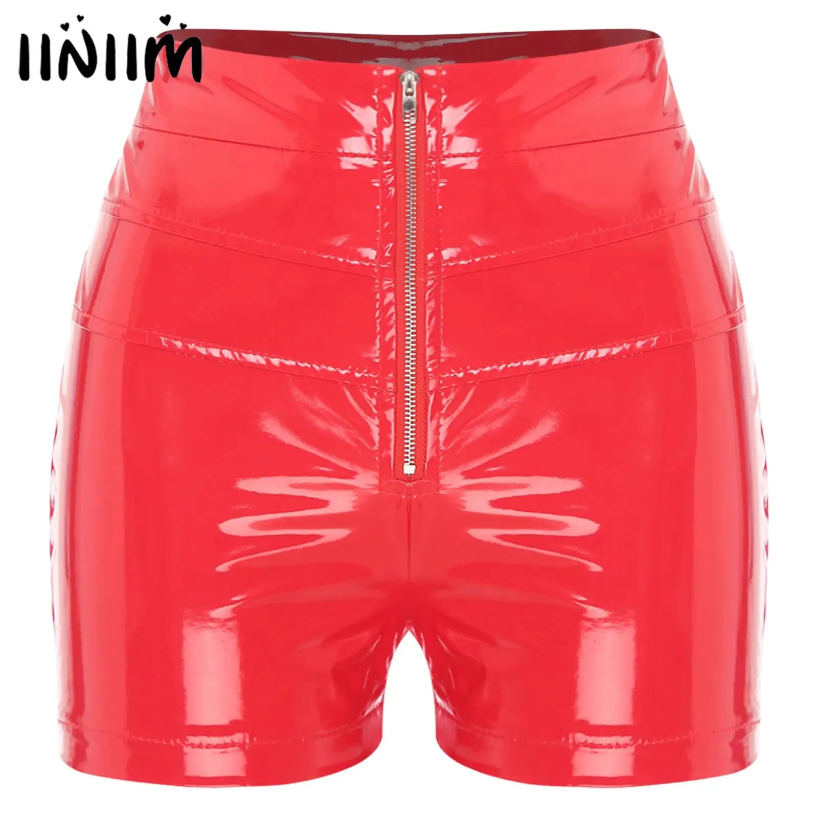 Damen-Booty-Shorts, Motorrad-Rave-Outfit, Wet-Look, Kunstleder-Shorts für Pole Dance, hohe Taille, Reißverschluss vorne, dehnbare Shorts