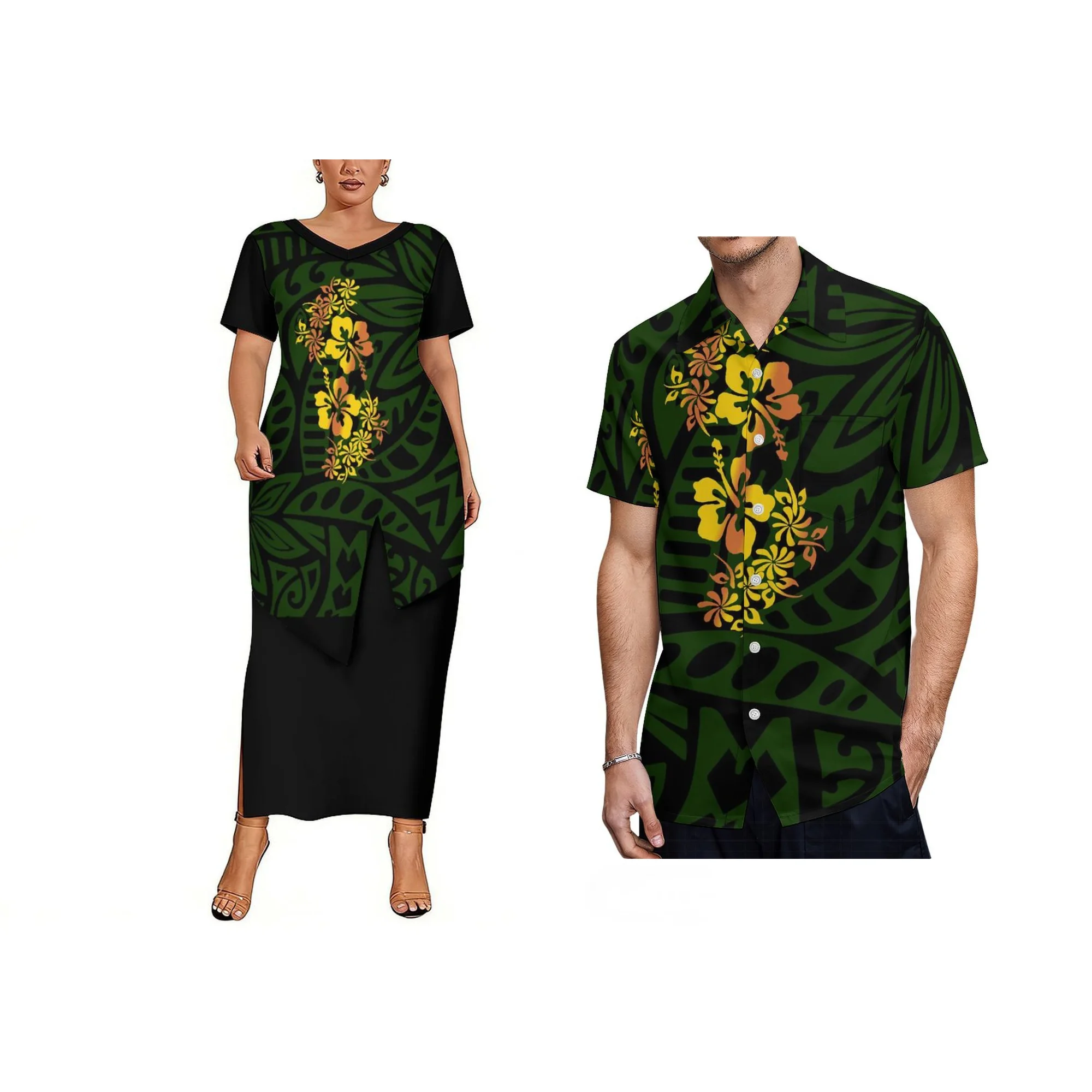

Factory Wholesale Custom Plus Size Women's Short Sleeve Dress Polynesian Puletasi Asymmetrical Hem Samoan Dress 2 Piece