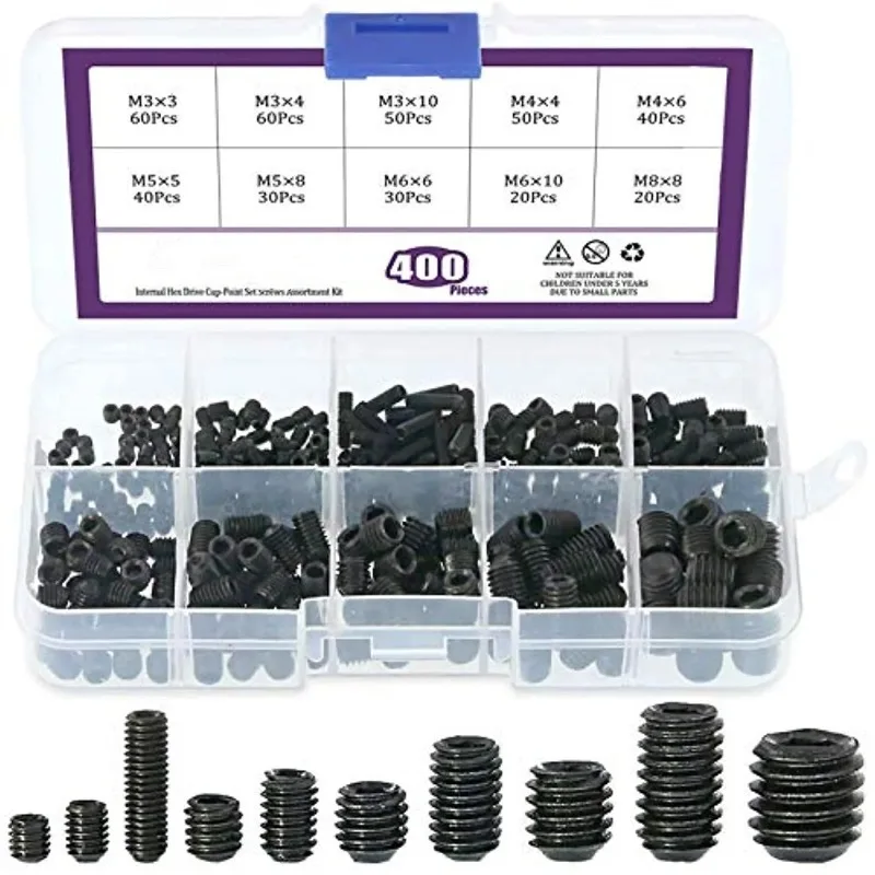 400pcs Boxed Black Carbon Steel Hexagon Socket Set Screws With Concave End 10 Sizes Screw Allen Head Socket Assortment Kit