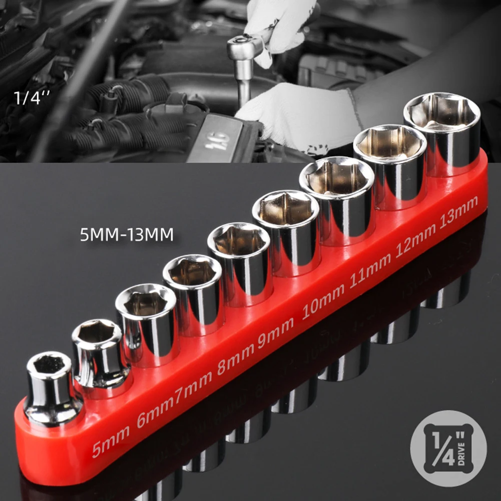 9-teiliges 1/4-Zoll-Steckschlüssel-Set, metrisch, 5-13 mm, Sechskantmutternentferner-Werkzeugset aus Kohlenstoffstahl für Ratschenschlüssel und Bohrmaschine – Detail 2