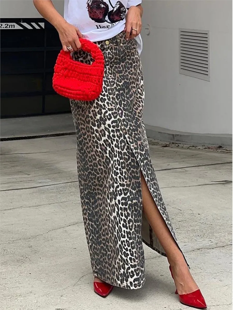 Leopard Print Split Denim Skirt Women 2024 New High Waist Pocket Straight Midi Skirts Streetwear Fashion Office Lady Long Faldas