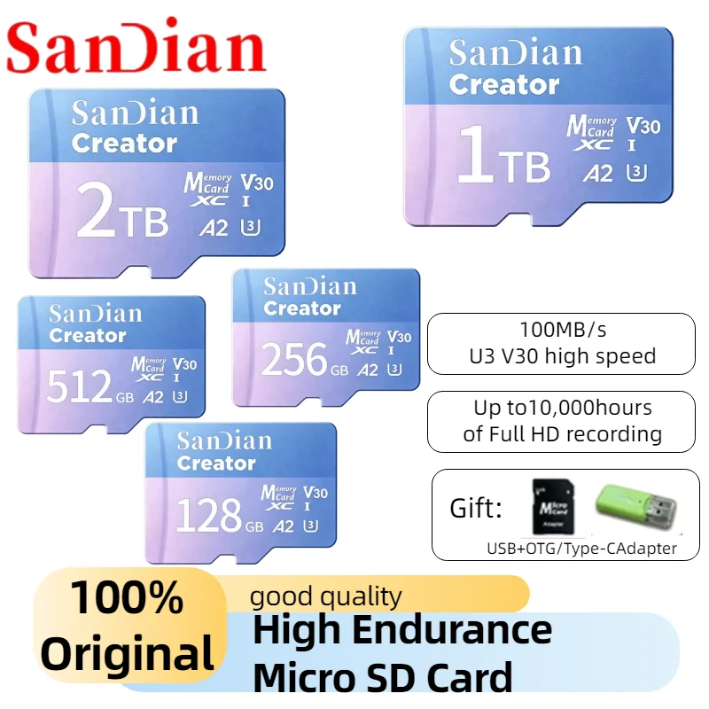 

Max 190Mb/s V30 A2 Micro TF SD Card 128GB‑1TB High Speed SDXC Memory Card for Home Monitoring Dash Cam 4K Drone Camera