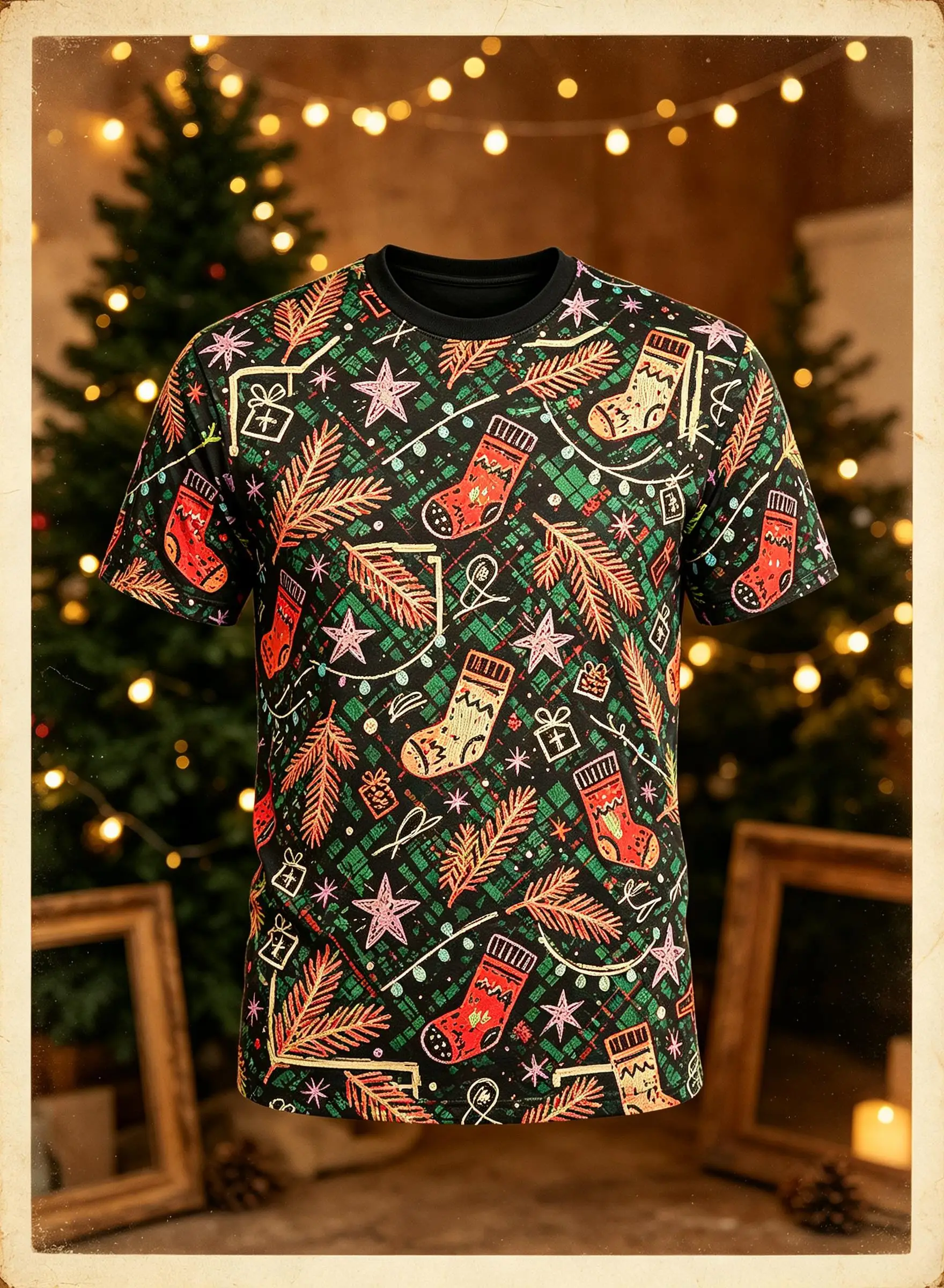 Men Crew Neck Short Sleeve T-shirt, Orange Xmas Sock Pine Branch Star Print Holiday Casual Tee