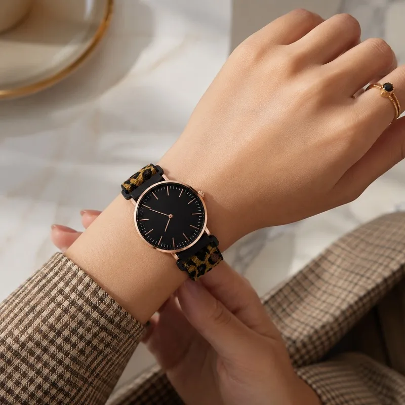 Ins Trendy Ladies Analog Wristwatch Rose Gold Slim Shell Leopard Pattern Nylon Band Casual Women Dress Quartz Clock Reloj Mujer