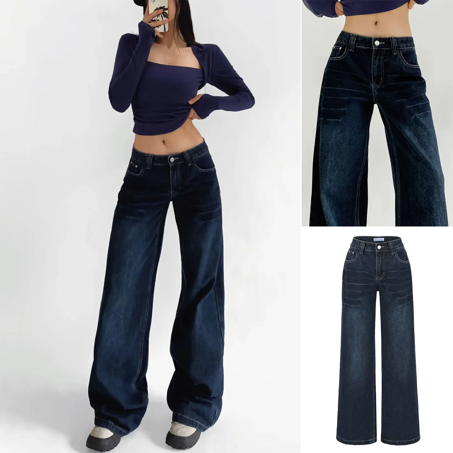 

Low Waist Wide Leg Vintage Waed Denim Jeans Floor Length Loose Fit Women's Winter New Sle Hong Kong Sle Slimming Jeans