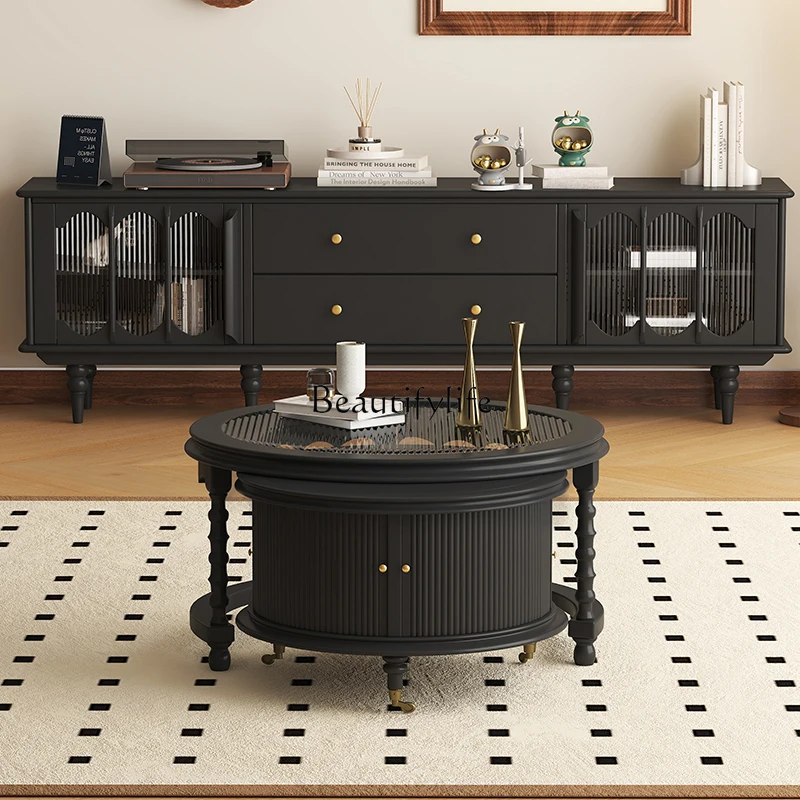 

American retro solid wood round coffee table living room home light luxury old glass corner cabinet