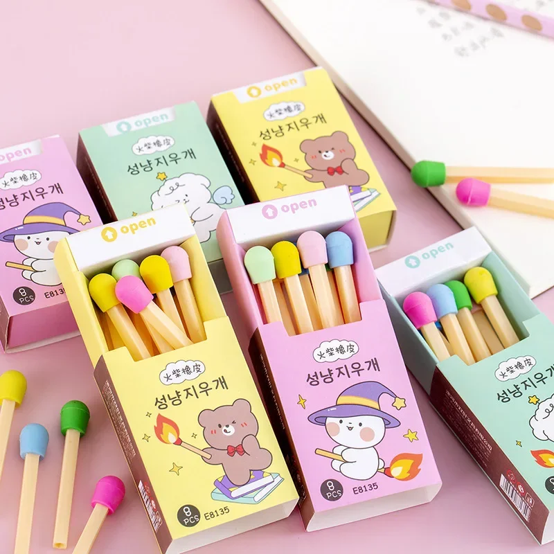 8pcs/box Kawaii Pencil Eraser Rubber creative Match shape Erasers Writing correction Rubber Stationery supplies For Kids Gift