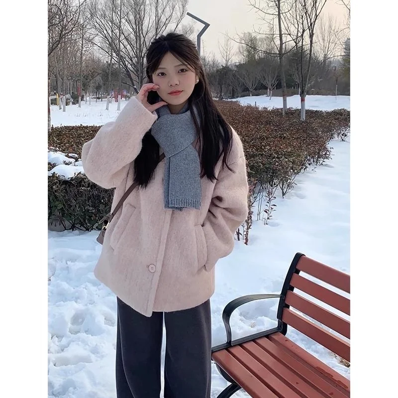 

plus Size Thiened Long Sve Woolen Coat Autumn Winter Korean Sle Loose Warm Outerwear for plus Size Women