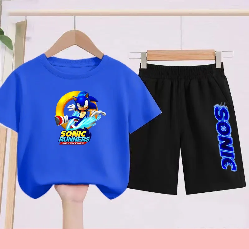 

Summer Blue T-shirts and Shorts for Boys and Girls Aged 3 To13 Featuring a Breathable and Quick-drying Cartoon Cat Sports Outfit