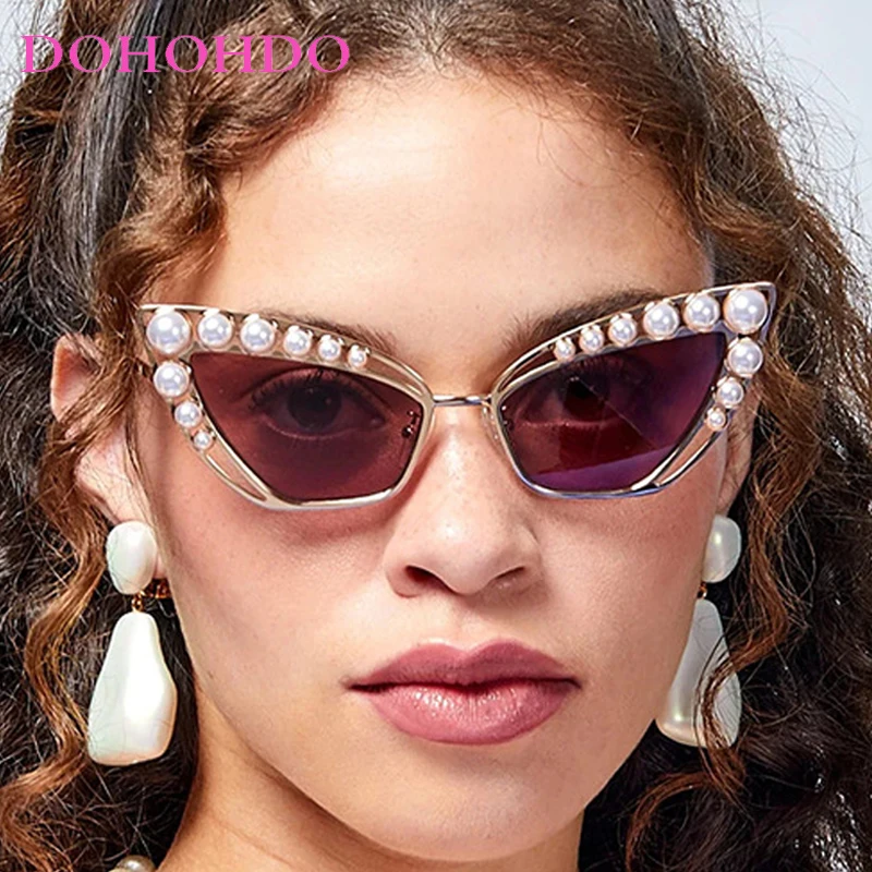 

Luxury Brand Designer Hollow Pearl Triangle Cat Eye Sunglasses Women Female Popular Sun Glasses Vintage Metal Punk Shades UV400