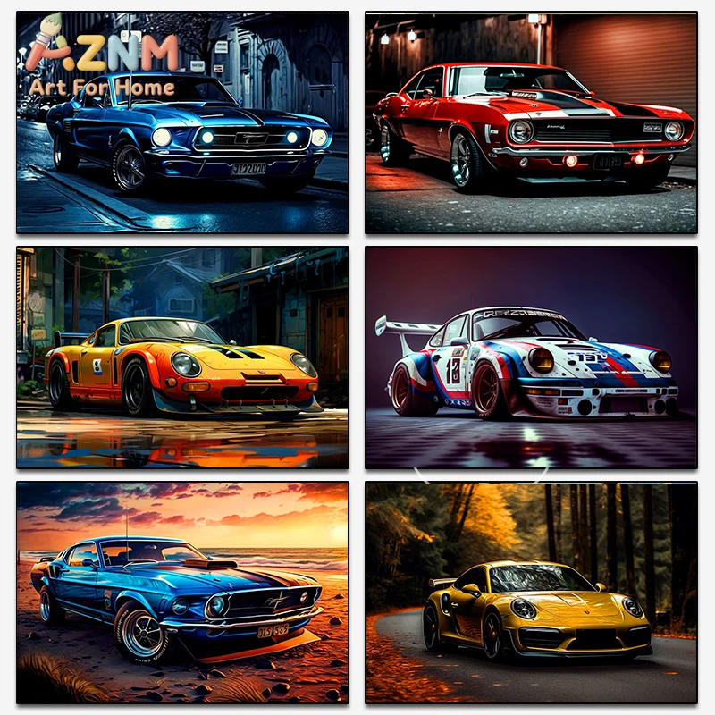 AZNM Vibrant Classic Muscle & Sports Car Wall Art Print, Sin