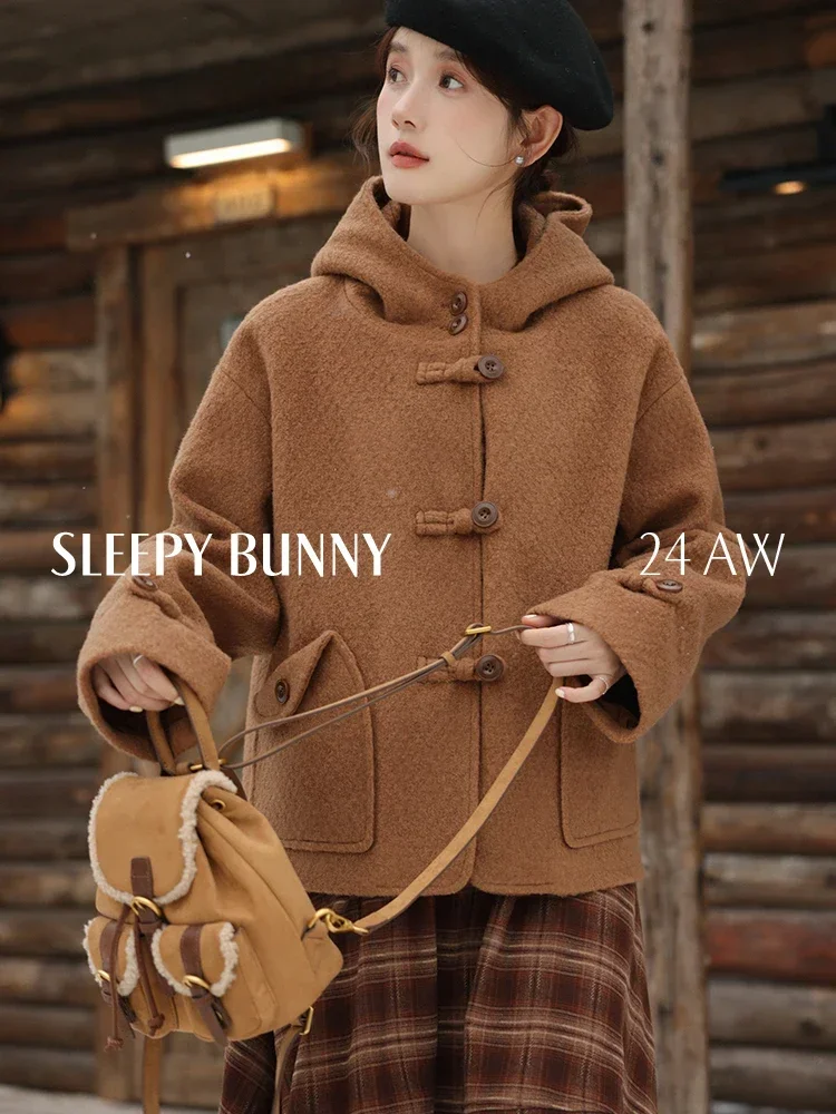 

Brown Hooded Short Wool Coat Women Winter Loose Fit Thickened Maillard Style Overcoat Casual Elegant Outerwear Fashion 2024