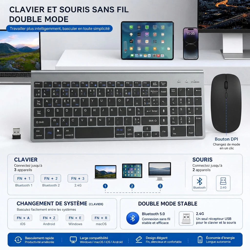 French AZERTY Layout Wireless Keyboard Mouse Dual Mode 2.4G+Bluetooth Ultra Thin Energy Saving for Windows IOS Mac Android