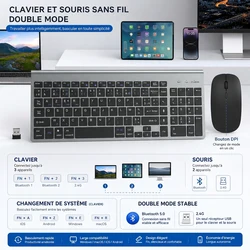 French AZERTY Layout Wireless Keyboard Mouse Dual Mode 2.4G+Bluetooth Ultra Thin Energy Saving for Windows IOS Mac Android