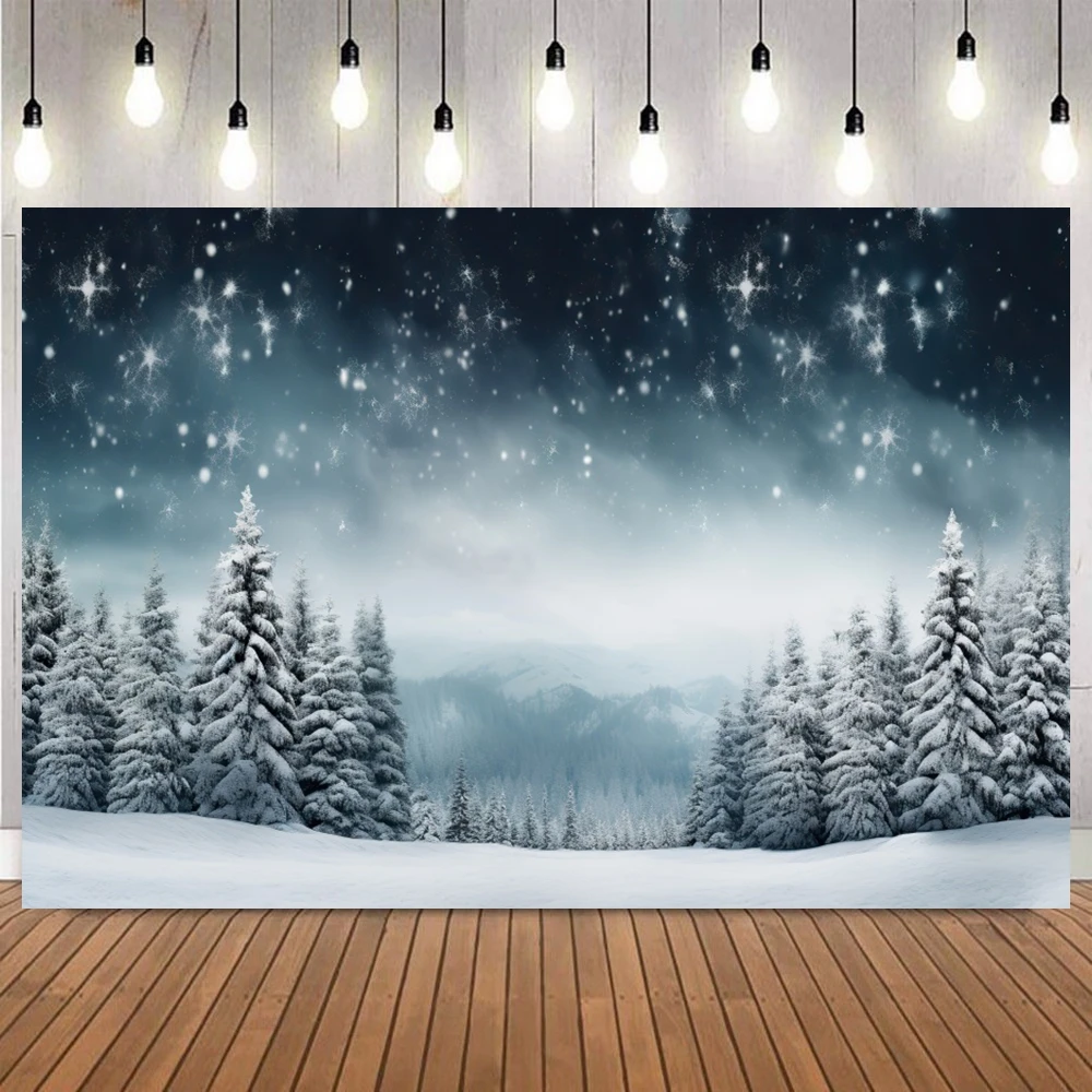 

Зимний рождественский фон для фотосъемки, ночной вид, лесные деревья, снег, блестящие огни, голубое небо, фон для фотосъемки, студийный реквизит