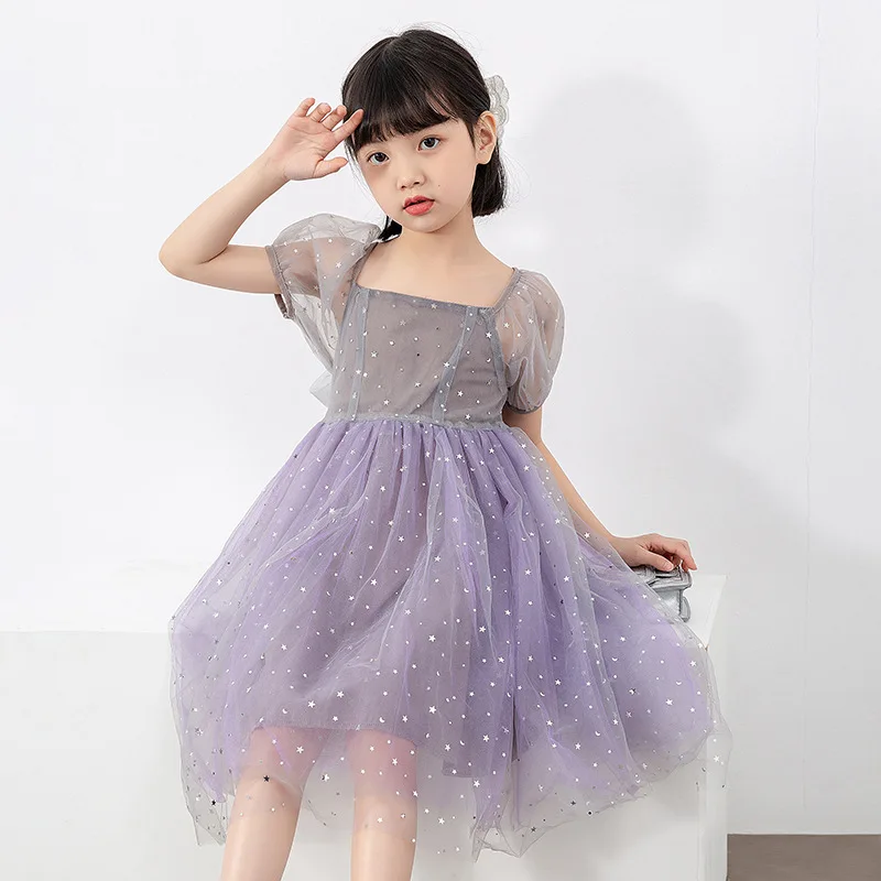 Super Fairy Star Sequin Mesh Princess Dress New 2023 Summer Puff Sleeve Children Dress Romantic Wedding Party Vestidos