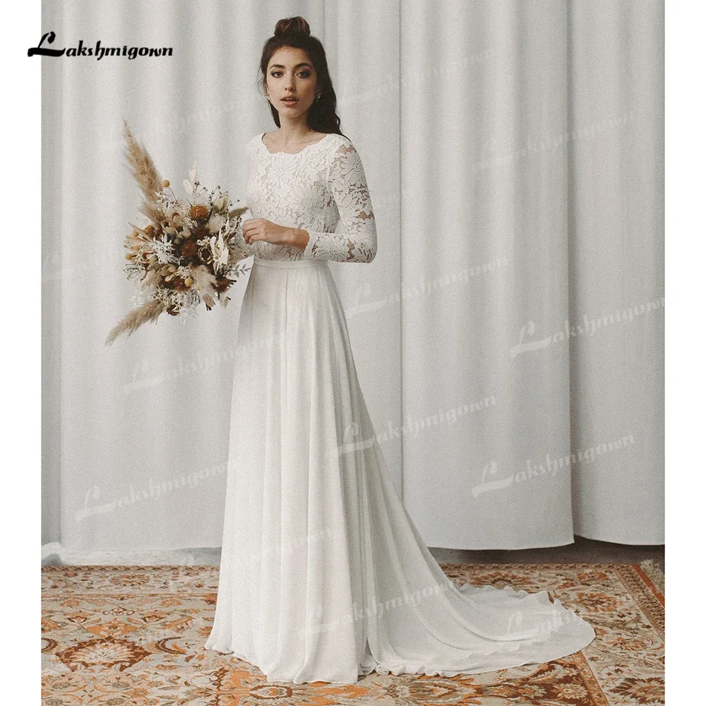 2025 Boho O-Collo In Pizzo Maniche Lunghe Sexy Aperto Indietro Chiffon Una Linea Abito Da Sposa Semplici Abiti Da Sposa Sweep Abiti Da Sposa Robe