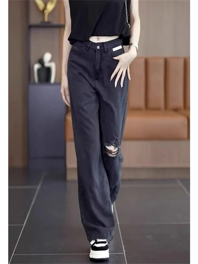 

Легкие летние джинсовые брюки с высокой талией и прямыми штанинами для женщин, свободные драпированные утягивающие широкие джинсы из ледяного шелка