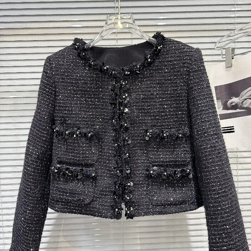 Women's Heavy Industry Beads Flower Edge Tweed Long-sleeved Short Jackets Black Sweet Temperament Versatile Coats Ladies New