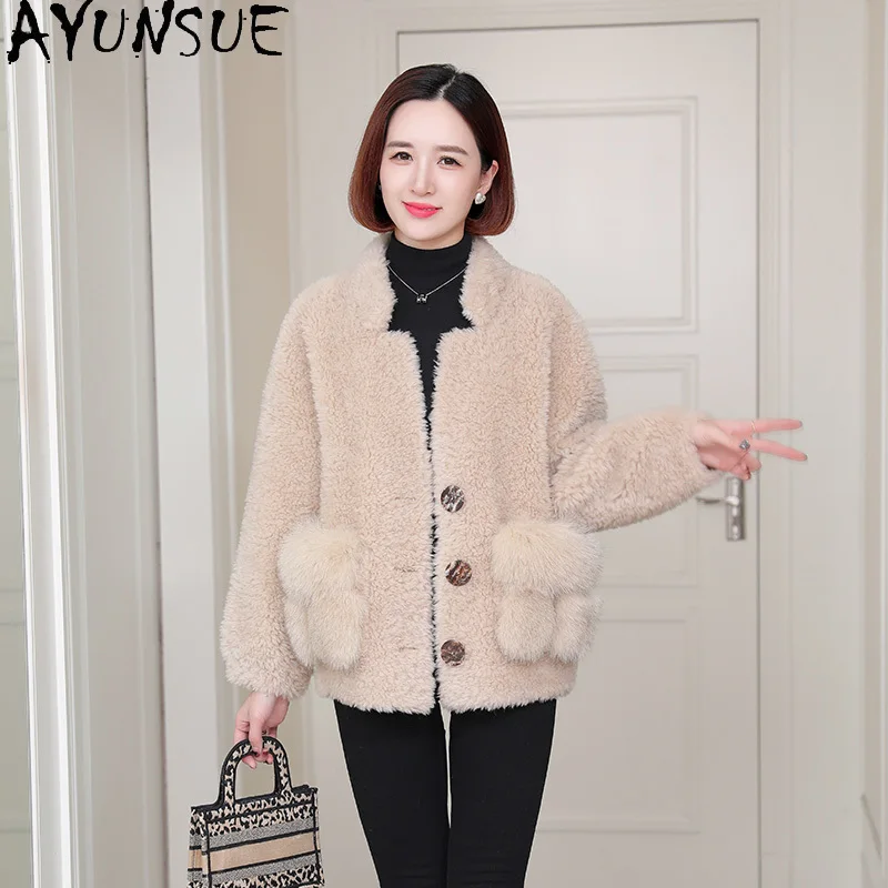 Ayunsue casaco de lã 100% feminino, jaqueta de shearling de ovelha, roupas de outono e inverno, bolsos de pele de raposa, Пegoьто Ж elektiniaiе, pele composta