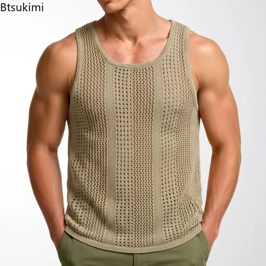 2026 Men's Summer Tank Top Lace Hollow Out Sleeveless Shirts Male Summer Clothing Slim Fit Gym Clothes Workout Solid Vest Tops