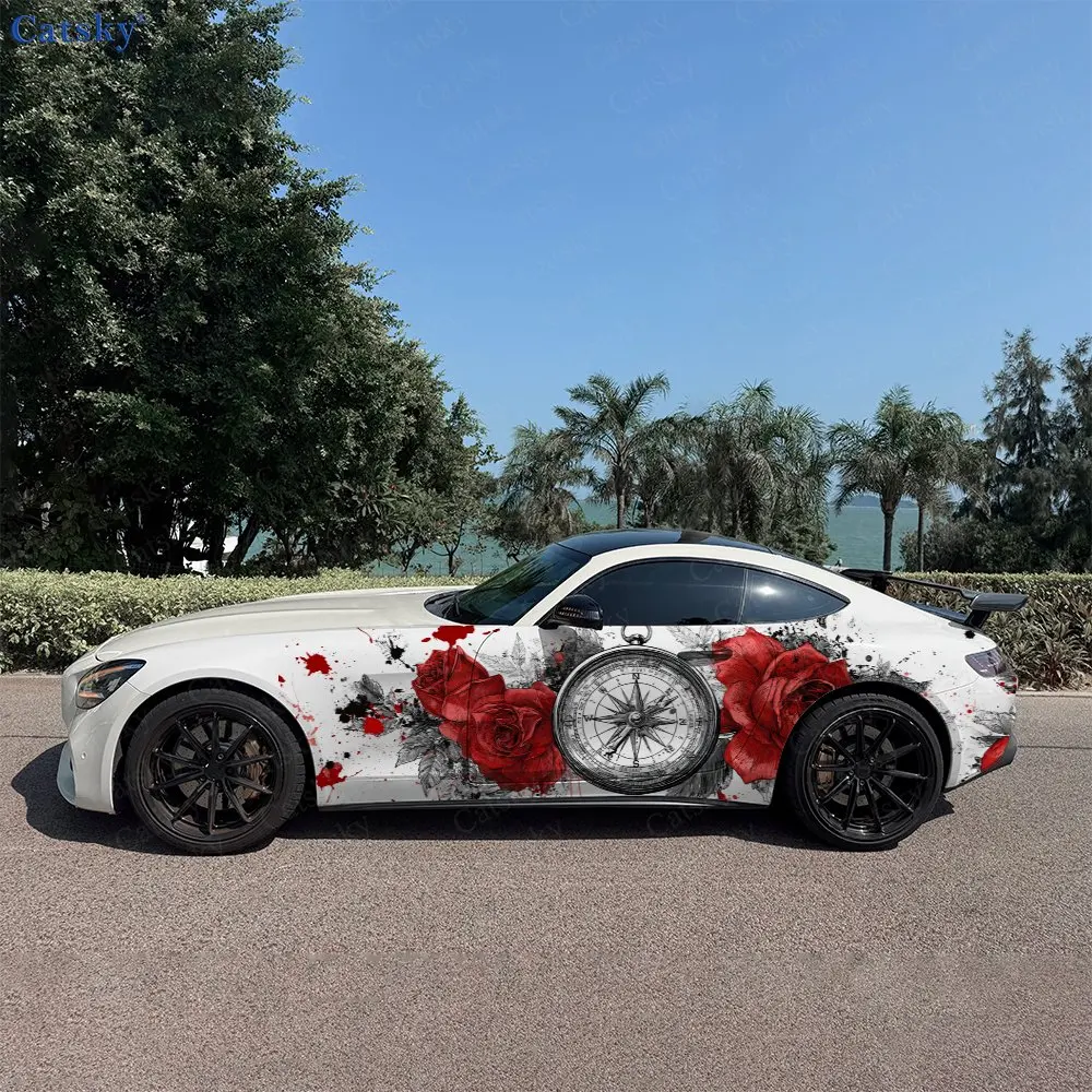

2pcs Dripping Blood Rose Compass Car Side Wraps, Self-Adhesive PVC Waterproof & Scratch-Resistant Stickers, Car Accessory Gift