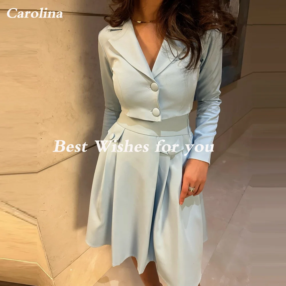 Carolina V-Neck Evening Dresses Women Saudi Arabia Satin Long Sleeves Sky Blue Vintage Wedding Guest Elegant Formal Party Gowns