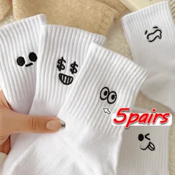 5Pairs Summer Spring Short Sock Women White Kawaii Fun Socks Embroidered Expression Pack Pattern Cotton Middle Tube Sports Sock