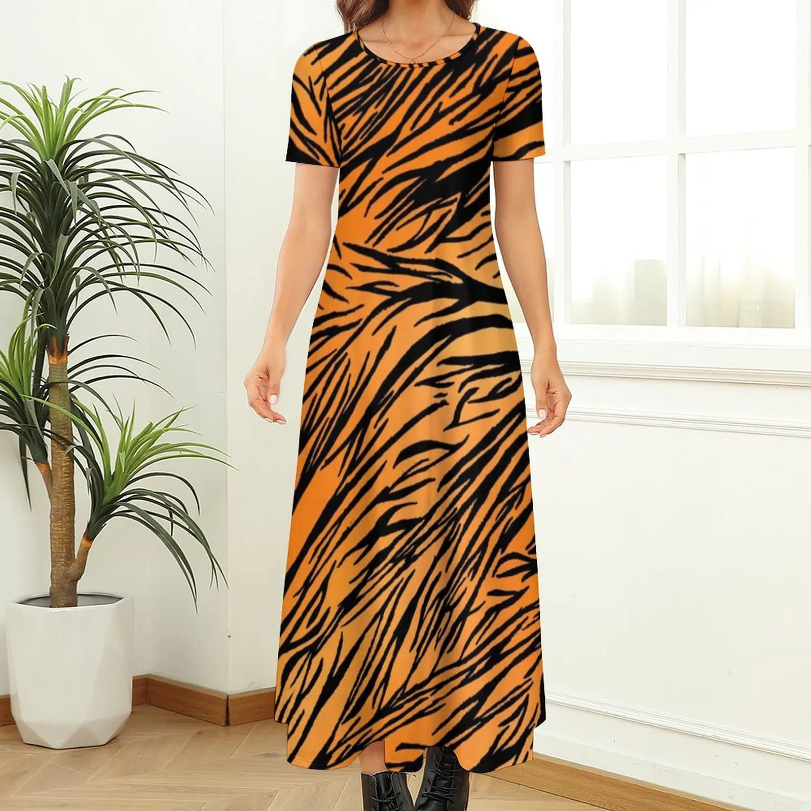 Cool Tiger Print Dress Black Stripes Kawaii Maxi Dress Aesthetic Bohemia Long Dresses Womens Short Sleeve Big Size Vestidos