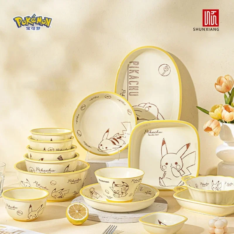 SHUNXIANG Pokémon Cartoon Ceramic Tableware Sets Cute Double Ear Plate Home Pikachu Pattern Dinnerware Sets Microwave Ovens Safe