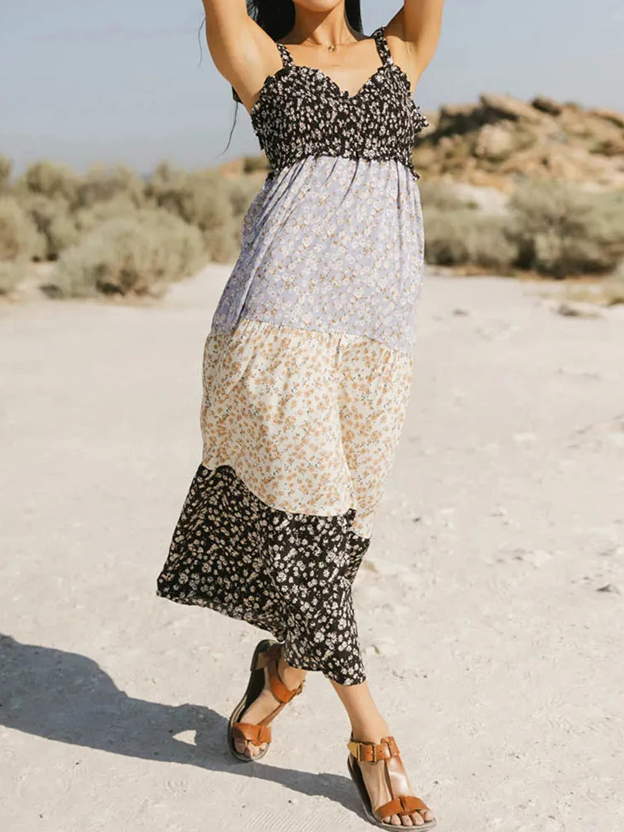 Nova moda feminina floral gravata ombro vestido com decote em v sem mangas aberto volta em camadas plissado vestido longo para festa diária viagem S-XL
