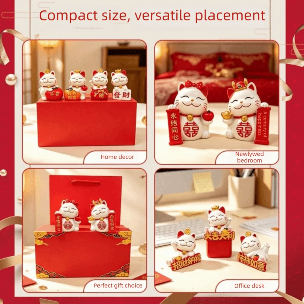 Resin Lucky Cat Figurines Chinese Style Cartoon Maneki Neko Miniature Figure Durable Welcoming Beckoning Fortune