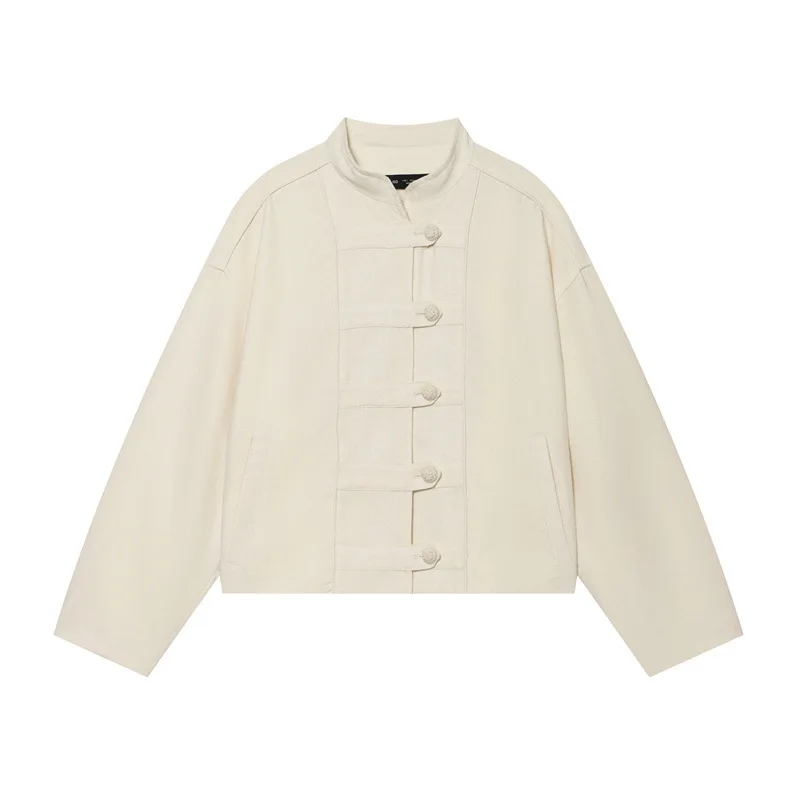 

NINE ZAR Women's Linen Rope Knot Jacket Short Loose Outerwear European Style Standard Fit Long Sleeve Stand Collar Summer