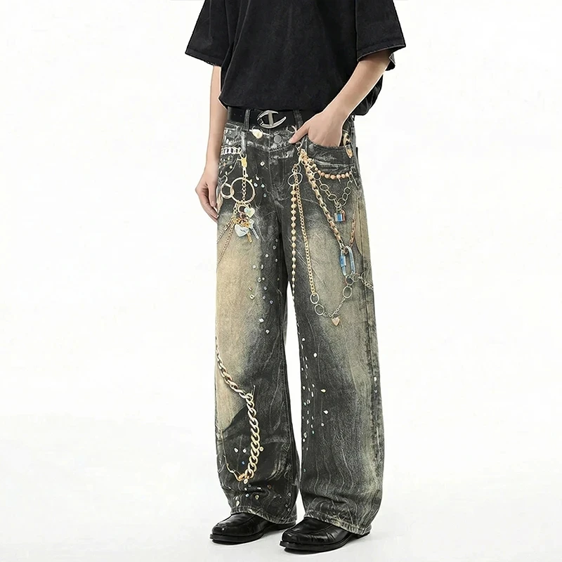 Avant-Garde Men's Jeans Metal Chain Rhinestone Printting Embellished Washed Black Wide Leg Fit Streetwear Pants view 2