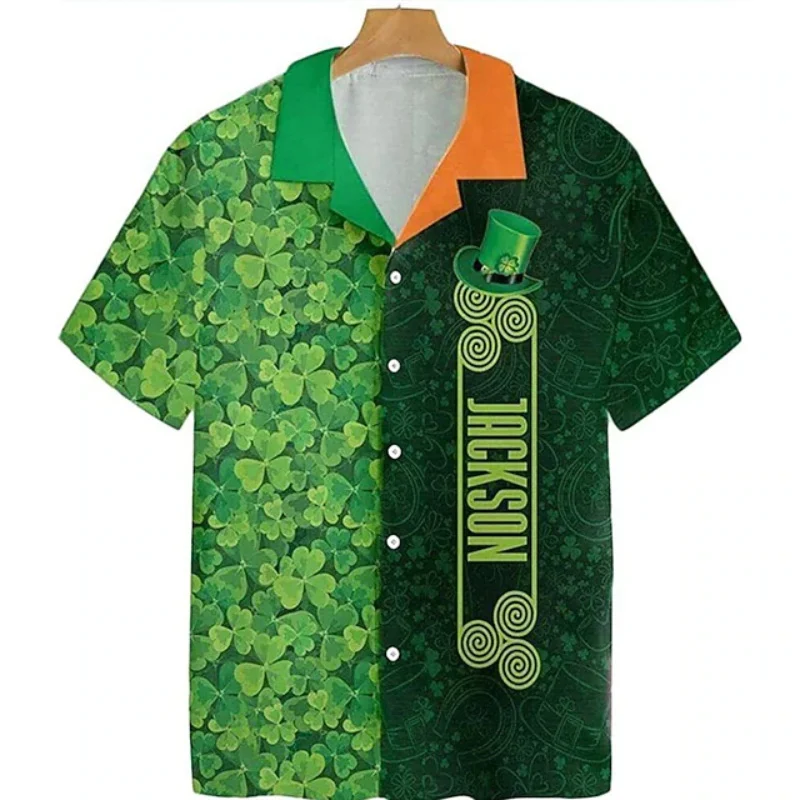 

Мужская рубашка с коротким рукавом и искусственным воротником в виде четырехлистного клевера, в стиле гавайской рубашки, на пуговицах, для вечеринок, ко Дню Святого Патрика