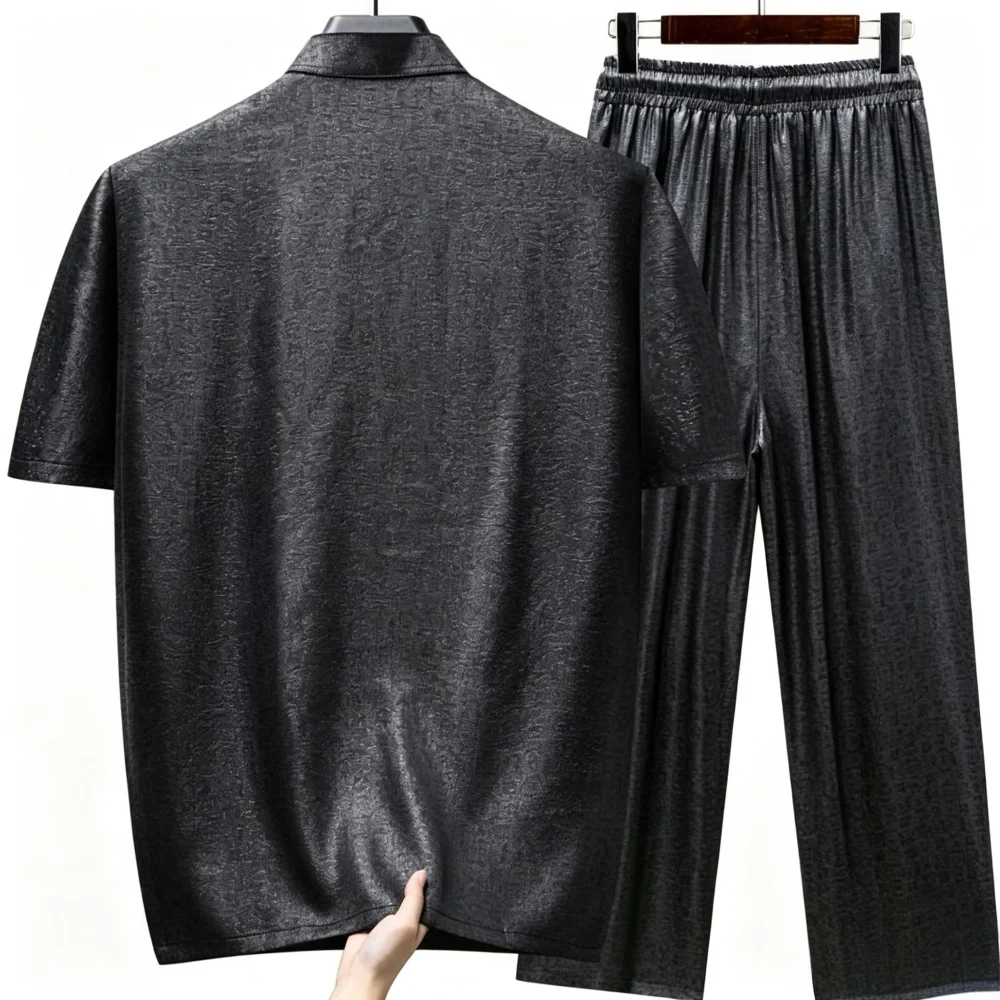 Men Mulberry Silk Tang Suit Set Short Sleeve Chinese Traditional Kung Fu Tai Chi Uniform Loose Casual Outfit Spring Summer